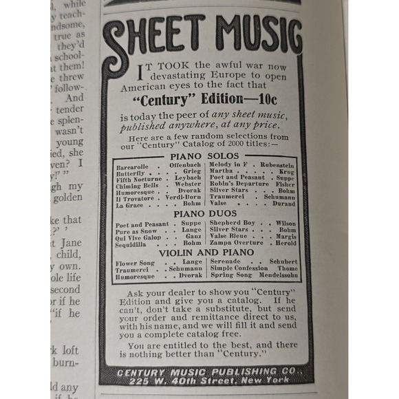 Century Music Publishing Co Other - Century Music Publishing Co 1916 Sheet Music Collection Advertising